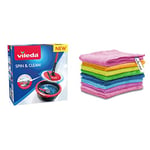 Vileda Spin & Clean Balai Laveur, Noir et Rouge, Seau Rond et Compact & Colors Lavettes Microfibres dépoussiérantes et dégraissantes - 8 pièces