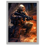 Army Warfare Desert Sniper Explosion Flames Oil Painting Soldier Action Scene Artwork Framed Wall Art Print A4