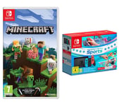 Nintendo Switch Neon Red & Blue, Sports, Minecraft & Nintendo Switch Online 12 Month Membership Bundle, Red,Blue