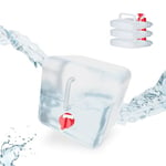 Relaxdays Lot de 4 bidons pliants, Robinet, Bouchon à vis, poignée, Eau, Camping, 10 litres, Transparent/Rouge