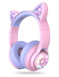 Bluetooth Kids Headphones, iClever BTH13 Cat Ear LED Light Up Kids Wireless Headphones, 45H Playtime, 74/85/94dB Volume Limiting Children Headphones with Microphone Over Ear for School/Tablet/PC