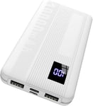 Batterie Externe,15w Power Bank,Baterie Externe Capacité 10000mah,Slim Et Portable,Avec 1 Port Usb C Et 2 Ports Usb A Et Écran Led Pour Iphone Samsung Smartphones,Smartwatch(Blanc 2024)