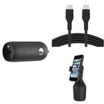 Belkin Premuim Car Bundle(USB-C Fast Car Charger 20W & USB-C to USB-C 1m charging cable & Car Cup Mount)