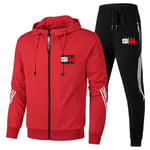 Män TomyJeans Helzippade Tryckt Hoodie Jacka Långa Sweatpants Joggers Sport Gym Tracksuit Set Red 3XL