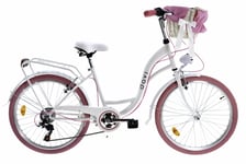 Damcykel med flätad korg Davi Amelia, 6 växlar, 24" hjul, höjd 130-165 cm, Vit