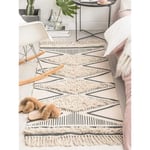 Tvättad Tuftad Bomullsmatta Hallmatta med fransar Vävd Geometrisk Mönster Boho Matta för Tvättstuga och Sovrum (Beige, 60 x