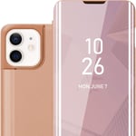 Coque Pour Apple Iphone 12 Mini En Kunzit Rose Miroir Clear View Pochette De Protection Avec Fonction De Support Protection À 360 Degrés Style Livre Ultra Slim Case