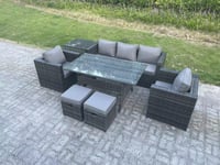 7 Seater Rattan Garden Furniture Set Patio  Rectangular Dining Table Lounge Sofa Chair 2 Stools