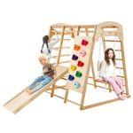 VEVOR Indoor Jungle Gym, 7-in-1 Toddler Indoor Playground, Wooden Toddler Climbing Toys Indoor with Wood & Rope Ladder, Net Ladder, Swing, Monkey Bar, Slide, Climbing Wall, 47.2 x 58 x 56in