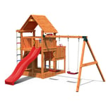 Fungoo - Aire de jeux big leader move avec triple plateforme, échelle de corde, toiture, mur d'escalade, toboggan rouge & accessoires de jeux,