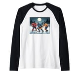 Werewolves Playing Hockey Under a Full Moon on Halloween Raglan Baseball Tee