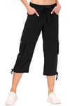 MoFiz Ladies Cropped Trousers Women Casual Pants Work Office Crop Capri Pants 3/4 Length Shorts Trousers Multi-Pockets Black Size L