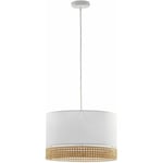 Suspension Blanc Brun ø 38,5 cm Réglable en Hauteur E27 Tissu Rotin Boho Lampe Suspendue Table à manger