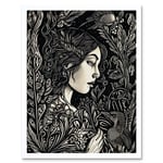 Woman with Crow in a Field Black and White Linocut Art Print Framed Poster Wall Decor 12x16 inch