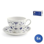 6x Finlandia Tea Cups In Earthenware With Saucer, Blue And White, 220Cc