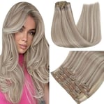 RUNATURE Extension de Cheveux Naturel a Clip Blond Extension Clip Vrai Cheveux Brun Cendré avec Blond Platine Extension à Clip Cheveux Naturel Maxi Volume 12 Pouces/30cm 7pcs/80g #19P60