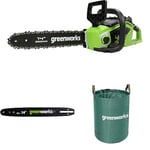 Greenworks 40V 35cm Tronçonneuse à Batterie avec Moteur Sans Balais, SANS Batterie 40V et Chargeur + Greenworks 35cm Barre de chaîne + Sac à déchets de jardin Greenworks 120 L