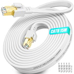 Cable Ethernet 15m Cat 8, Câble RJ45 15 Mètres Plat Haut Debit Câble Réseau Blindé Extérieure Intérieur 40Gbps 2000MHz Gigabit Blanc Cable Interent Lan pour Commutateur Routeur Modem