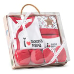 Coffret cadeau pour bébé: ensemble 5 pièces, modèle I love Mama Papa, rouge