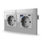 Prise Double Avec Usb 20 W Gris Encastré, Prises En Verre 16 A Avec Usb A Et Type C 157 X 86 Mm, 250 V[MUL213267]