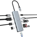 QHOU 10 en 1 USB C Hub, Double Moniteur USB C Adaptateur, Station d'accueil Portable(Gigabit Ethernet, 4K HDMI, USB 3.0, PD 100W, 3,5 mm Mic, SD/TF Reader) pour Mac Pro/Air,HP,Lenovo,Dell