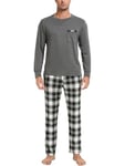 Vlazom Pyjama Homme Hiver Ensemble de Pyjama Col Rond Haut de Pyjama à Manches Longues Pantalon de Pyjama à Carreaux，Gris Foncé，XXL