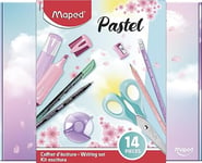 Maped - Coffret d'Écriture Pastel 14 Pièces - Crayons Graphite HB + Taille-Crayon + Surligneurs + Feutres d'Écriture + Ciseaux 16cm + Gomme Blanche