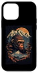 Coque pour iPhone 12 mini Silhouette de singe avec coucher de soleil de montagne rétro vintage