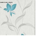 SAMPLE Flower Wallpaper Floral Textured Glitter White Teal Silver Vinyl Erismann