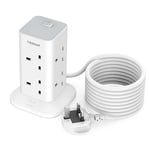 Tower Extension Lead 5M, TESSAN 8 Way Surge Protected Extension Lead, Long Extension Cable with Switch, 1700J Surge Protection Multi Plug Tower Power Strip for Home, Office, Kitchen Supplies