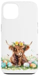 iPhone 13 Highland Cow Spring Cute Easter Pattern Eggs Floral Flowers Case