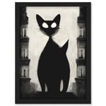 Giant Black Cat Le Chat Noir City Monochrome Illustration Artwork Framed Wall Art Print A4