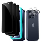 ESR for iPhone 15 Pro Privacy Screen Protector Set, Anti-spy Tempered-Glass Privacy Screen Protector, Micro-curved Edges, Case Friendly, 3-Pack with 2 Sets of Individual Camera Lens Protectors