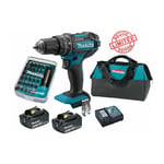 Makita - Perceuse visseuse à percussion 18V 62Nm DHP482 + 2 batt 3 Ah + 30 embouts de vissage + porte-embout magnétique + sac