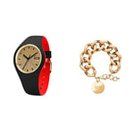 ICE-WATCH -Montre Noire pour Femme avec Bracelet en Silicone - 007238 (Medium) + Ice - Jewellery - Gold - Bracelet Mailles XL Doré Fermé d'une Médaille Dorée (021191)