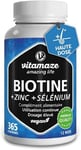 Biotine Complexe 10.000mcg - 365 Micro-Comprimés (1An) avec Sélénium et Zinc - Accélère Pousse des Cheveux, Peau et des Onglés - Vegan Pure Vitamine B8 - Sans Additifs Inutiles- Vitamaze®