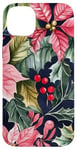 Coque pour iPhone 14 Plus Poinsettias rouge vif avec houx et feuilles vert foncé