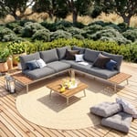 Salon de jardin angle en aluminium - design scandinave - BAHIA - 5 places - Gris Taupe et Bois