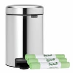 Brabantia NewIcon 3L Pedal Bin–3 Litre–Brilliant Steel&3Rollsx 3LCompostableBags