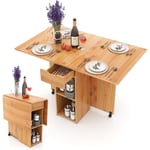 Table Pliante Cuisine, Table Pliante Interieure avec 1 Tiroir et 2 Etagères, Table Extensible pour 4 Personnes, Table Rabattable, Gain de Place,