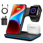 Wireless Charger 3 in 1, Wireless Charging Station for iPhone 15/14/13/12/11 and Apple Watch 8/7/6/5/4/3/2/SE, Charging Dock for AirPods 1/2/3/ Pro/Pro 2 with Lightning Port