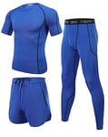 Wayleb Ensemble Compression Homme Tenue Sport Fitness Maillot Serré Tee Shirt Compression Legging Pantalon Jogging Vêtement Running 3 Pièces,XX-Large+Bleu