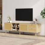 Meuble tv en rotin 180x40x55 cm - 2 portes en rotin, 2 tiroirs en rotin, peut accueillir une tv de 80 pouces, naturel