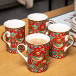 Set of 4 Red Floral Coffee Mugs 260ml William Morris Strawberry Thief Tea Cups