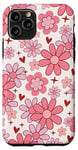 Coque pour iPhone 11 Pro Retro Pink Flowers Valentine's Red Heart Floral Pattern