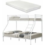 Lit superposé en Métal avec 2 Matelas Armature Massive pour 3 personnes 140 x 200cm 90 x 200cm Blanc