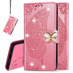 IMEIKONST Nokia C32 Coque, Cuir Magnétique Diamant Gaufrage Housse Pochette Portefeuille Porte Carte Étui à Rabat Coque pour Nokia C32. Cristal Papillon Pink SD