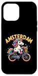 Coque pour iPhone 15 Plus Amsterdam Netherland Vélo licorne pour filles et femmes arc-en-ciel