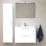 Set Mia ensemble meuble 79x61x39,5 cm  avec miroir, lavabo, éclairage LED + armoire 145x35x35cm, Blanc brillant