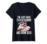 Womens Funny I'm Just Here To Play Rummy And Drink Beer Card Game V-Neck T-Shirt